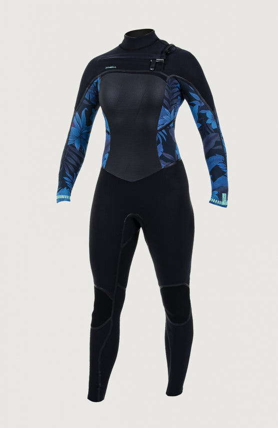 O'Neill Psycho Tech 4/3mm Chest Zip Full Wetsuit Neoprenanzug für Damen, schwarz mit Blumenmuster in Blau, Vorderansicht