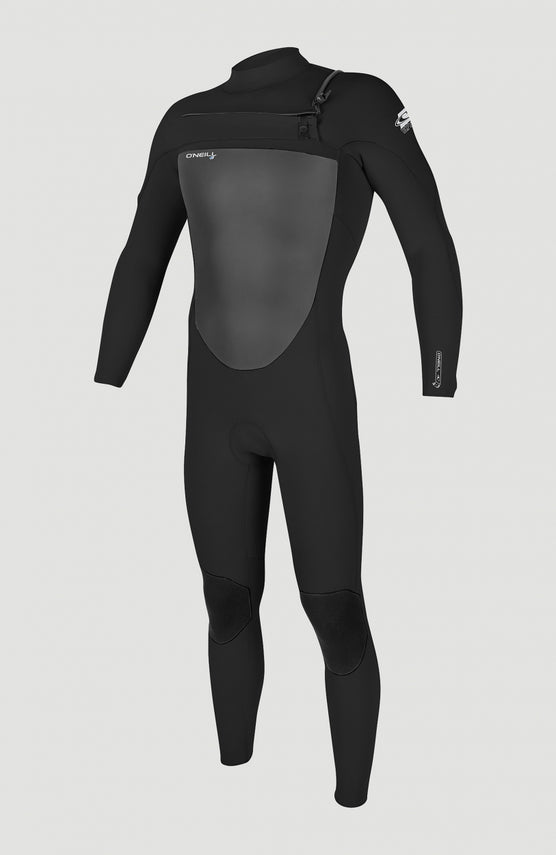 O'Neill Epic 4/3mm Chest Zip Full Wetsuit Neoprenanzug für Herren, schwarz, freigestellt von vorne