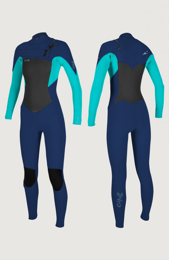 O'Neill Epic 3/2mm Chest Zip Full Wetsuit Neoprenanzug für Damen, schwarz, freigestellt in Vorder- und Rückansicht