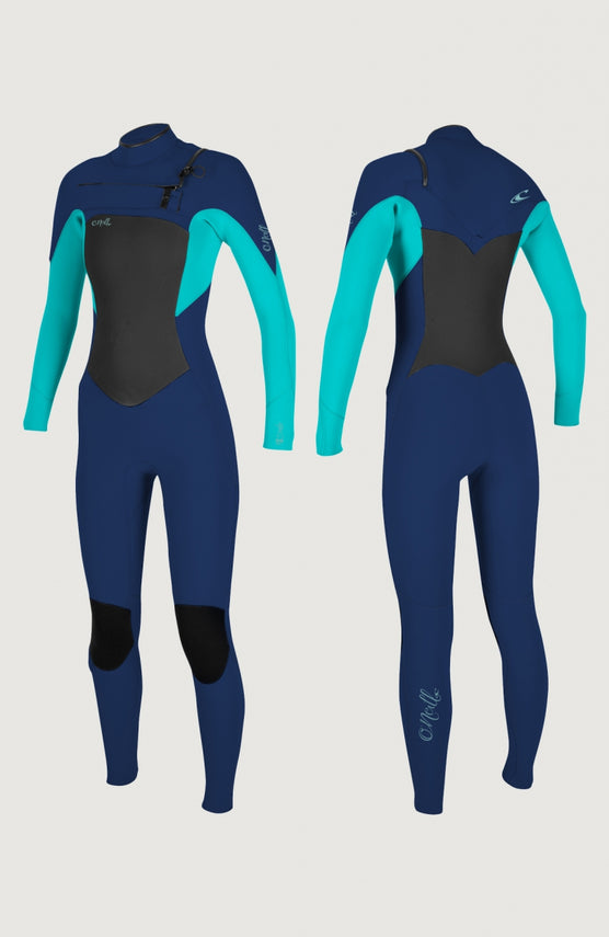 O'Neill Epic 4/3mm Chest Zip Full Wetsuit Neoprenanzug für Damen, schwarz, freigestellt in Vorder- und Rückansicht