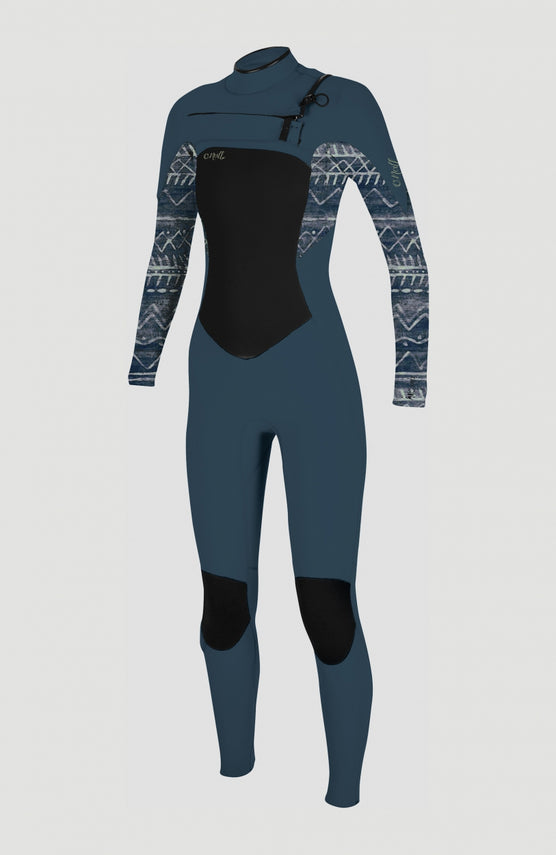 O'Neill Epic 4/3mm Chest Zip Full Wetsuit Neoprenanzug für Damen, blau mit Grafikmuster in Weiß, Vorderansicht