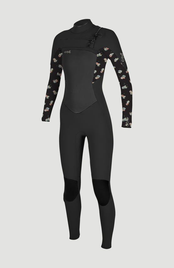 O'Neill Epic 4/3mm Chest Zip Full Wetsuit Neoprenanzug für Damen, schwarz mit Blumenmuster, freigestellt von vorne