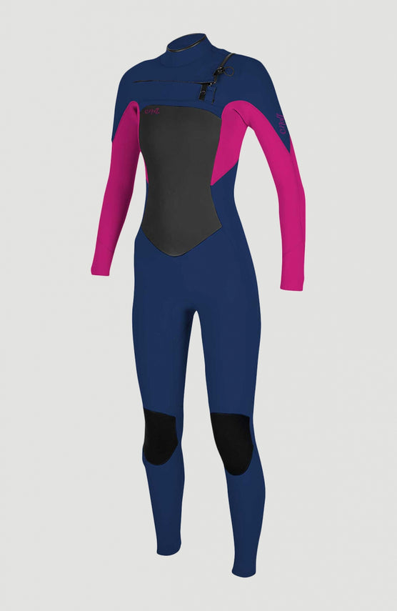 O'Neill Epic 4/3mm Chest Zip Full Wetsuit Neoprenanzug für Mädchen, blau, freigestellt von vorne mit Reißverschluss