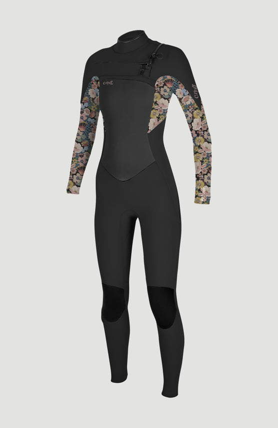 O'Neill Epic 4/3mm Chest Zip Full Wetsuit Neoprenanzug für Mädchen, schwarz mit Blumenmuster in Bunt, Ansicht von vorne