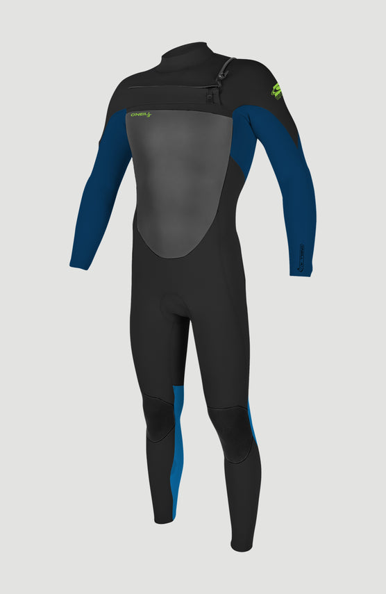 O'Neill Epic 4/3mm Chest Zip Full Wetsuit Neoprenanzug für Jungen, blau, freigestellt von vorne mit Brust-Reißverschluss