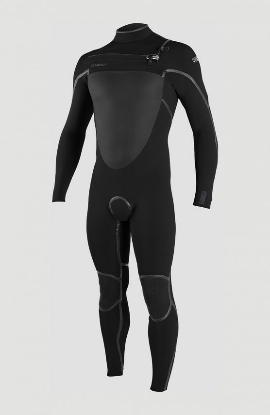 O'Neill Psycho Tech 5/4mm Chest Zip Full Wetsuit Neoprenanzug für Herren, schwarz, freigestellt von vorne