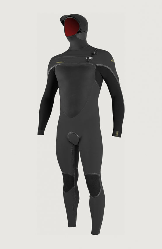 O'Neill Psycho Tech 6/4mm Chest Zip Hood Neoprenanzug für Herren, grau, freigestellt von vorne mit Kapuze