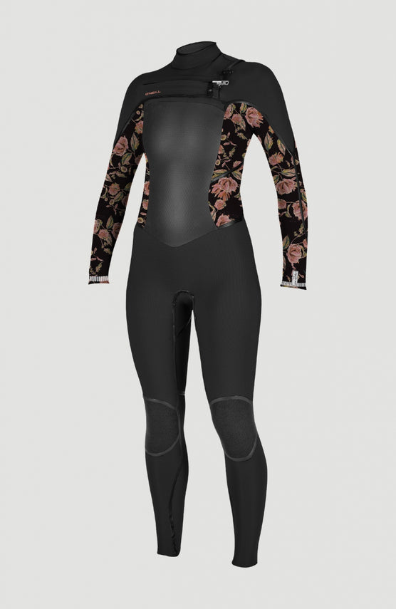 O'Neill PSYCHO TECH 5/4 CHEST ZIP FULL Neoprenanzug für Damen, schwarz mit Blumenmuster in Rosa, freigestellt von vorne