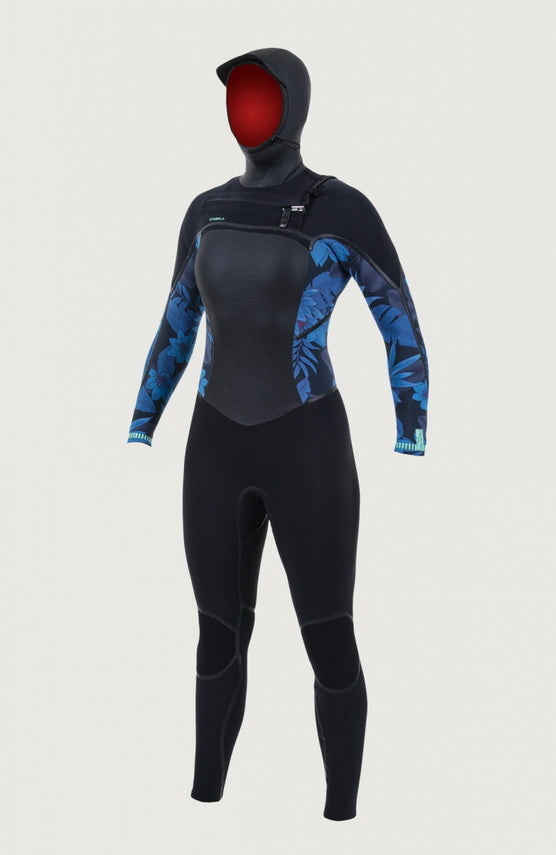 O'Neill Psycho Tech 6/4mm Chest Zip Hood Full Wetsuit für Damen, schwarz mit Blumenmuster in Blau, freigestellt von vorne