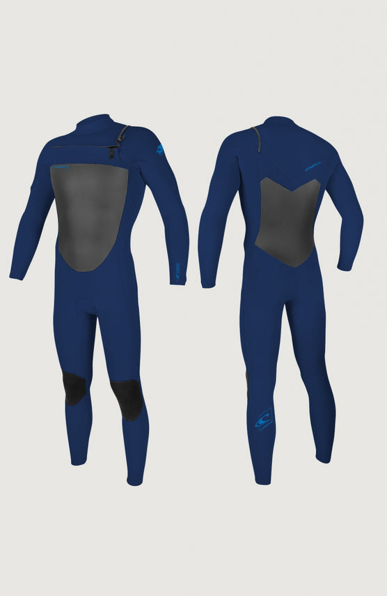 O'Neill Epic 5/4mm Chest Zip Full Wetsuit Neoprenanzug für Herren, blau, freigestellt in Vorder- und Rückansicht