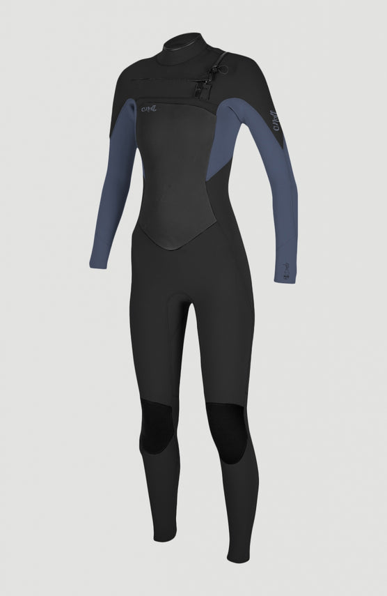O'Neill Epic 5/4mm Chest Zip Full Wetsuit Neoprenanzug für Damen, schwarz, freigestellt von vorne mit Reißverschluss