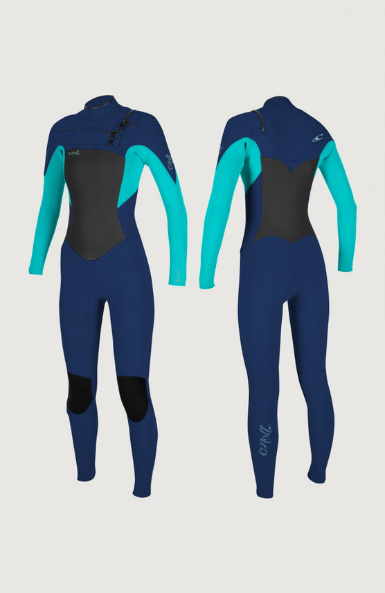 O'Neill Epic 5/4mm Chest Zip Full Wetsuit Neoprenanzug für Damen, schwarz, freigestellt in Vorder- und Rückansicht