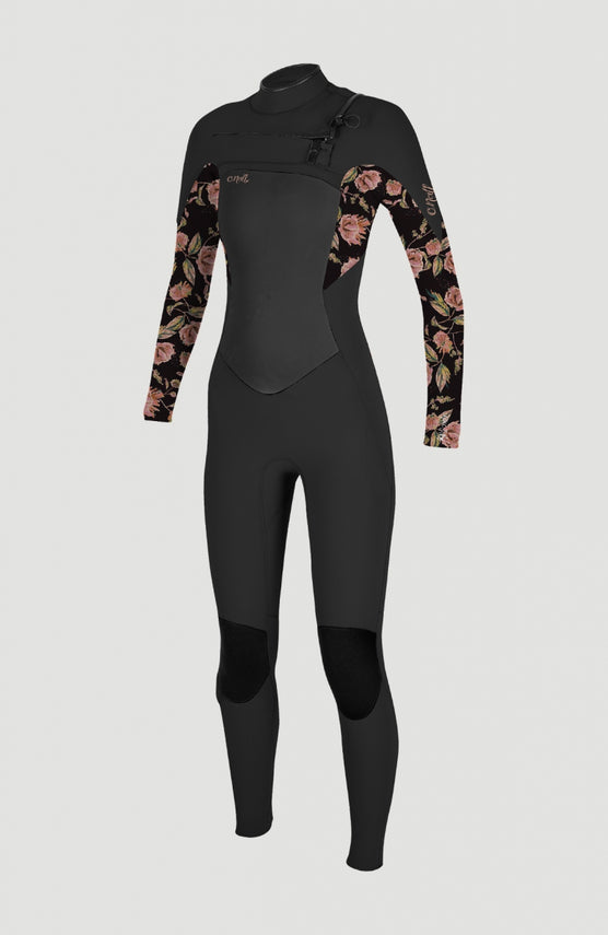 O'Neill Epic 5/4mm Chest Zip Full Wetsuit Neoprenanzug für Damen, schwarz mit Blumenmuster in Rosa, Vorderansicht