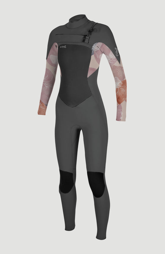 O'Neill Epic 5/4mm Chest Zip Full Wetsuit Neoprenanzug für Damen, grau mit Blumenmuster in Rosa und Weiß, Vorderansicht