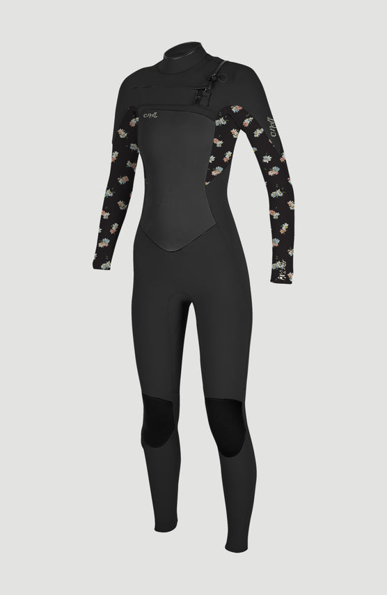 O'Neill Epic 5/4mm Chest Zip Full Wetsuit Neoprenanzug für Damen, schwarz mit Blumenmuster in Weiß, freigestellt von vorne