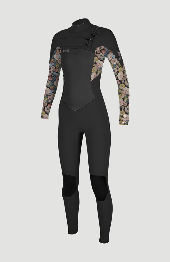 O'Neill Epic 5/4mm Chest Zip Full Wetsuit Neoprenanzug für Mädchen, schwarz mit Blumenmuster in Rosa und Gelb, von vorne