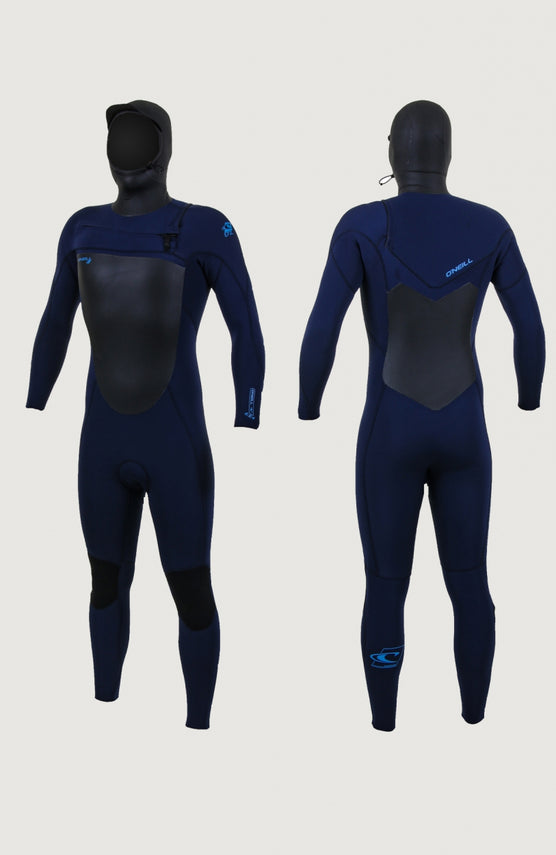 O'Neill Epic 6/5/4mm Chest Zip Full Wetsuit with Hood Neoprenanzug für Herren, blau, freigestellt, Vorder- und Rückansicht