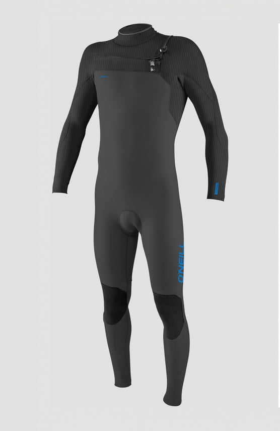 O'Neill Hyperfreak Plus 5/4mm Chest Zip Full Wetsuit für Jungen, grau, freigestellt von vorne mit Reißverschluss am Kragen