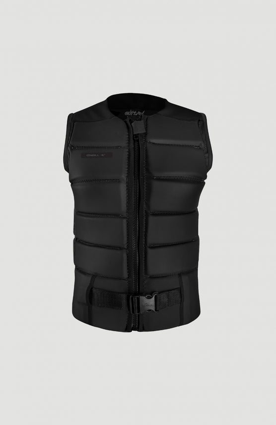 O'Neill Outlaw Comp Vest Prallschutzweste für Herren, schwarz, freigestellt von vorne mit Reißverschluss und Schnalle