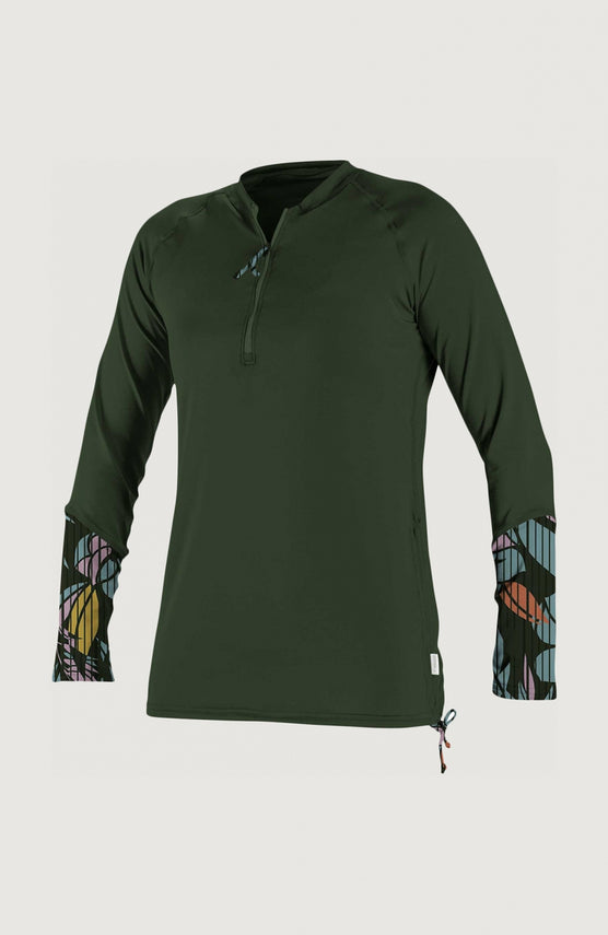 O'Neill Front Zip Long Sleeve UV Shirt Schwimmshirt für Damen, grün mit Grafikmuster in Türkis und Rosa, Vorderansicht