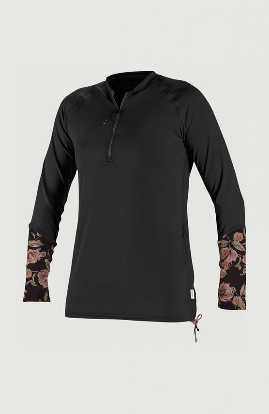 O'Neill Front Zip Long Sleeve UV Shirt Schwimmshirt für Damen, schwarz mit Blumenmuster in Rosa, freigestellt von vorne