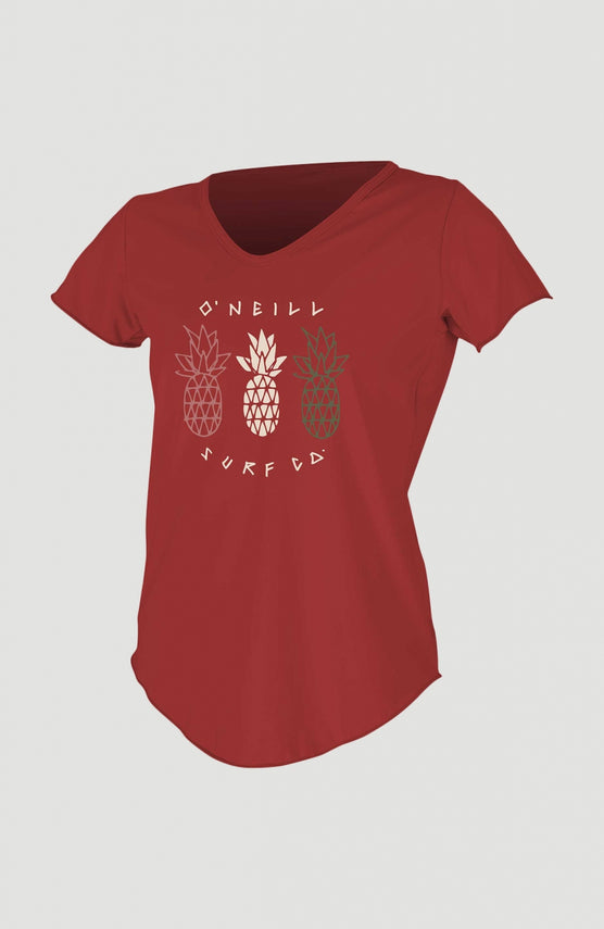 O'Neill Graphic Scoop-Neck UV Shirt Schwimmshirt für Damen, rot mit Grafik-Print in Weiß und Grün, freigestellt von vorne
