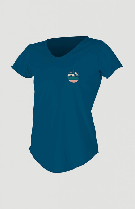 O'Neill Graphic Scoop-Neck UV Shirt für Damen, blau mit Logo-Print in Rosa, freigestellt von vorne