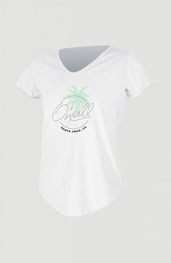 O'Neill Graphic Scoop-Neck Sun Shirt Schwimmshirt für Damen in Weiß mit Logo-Print in Grün und Schwarz, Vorderansicht