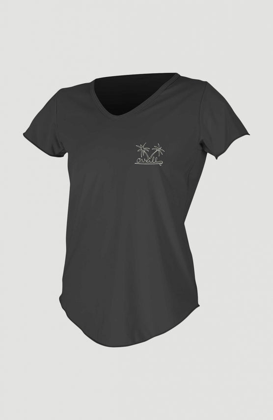 O'Neill Graphic Scoop-Neck Sun Shirt Schwimmshirt für Damen, schwarz mit Palmen-Print in Weiß, Vorderansicht