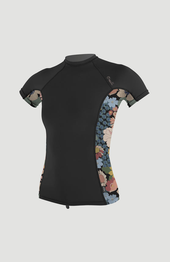 O'Neill Side Print Short Sleeve Rash Guard Schwimmshirt für Damen, schwarz mit Blumenmuster, freigestellt von vorne