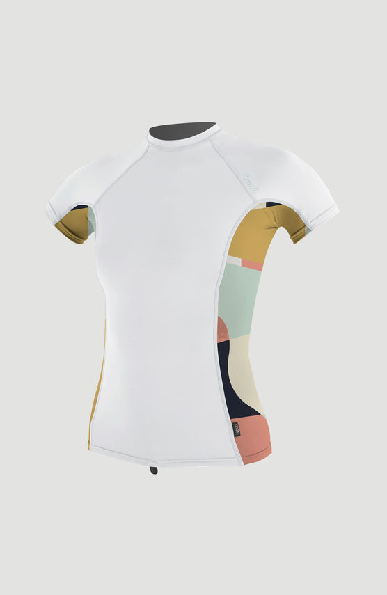 O'Neill Side Print Short Sleeve Rash Guard Schwimmshirt für Damen, weiß mit Grafikmuster, freigestellt von vorne