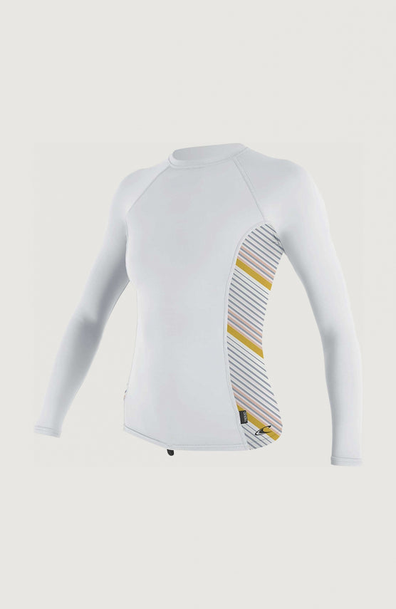 O'Neill Side Print Long Sleeve Rash Guard Schwimmshirt für Damen, weiß mit Streifenmuster in Gelb und Grau, Vorderansicht