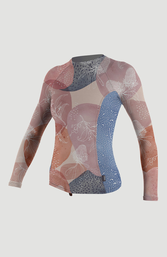 O'Neill Side Print Long Sleeve Rash Guard Schwimmshirt für Damen, blau mit Blumenmuster in Rosa, freigestellt von vorne