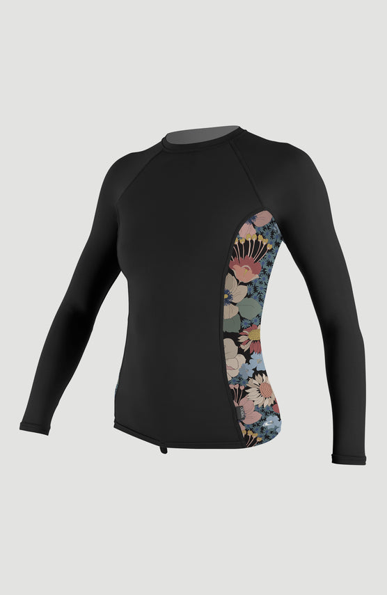 O'Neill Side Print Long Sleeve Rash Guard Schwimmshirt für Damen, schwarz mit Blumenmuster in Rosa und Blau, Vorderansicht