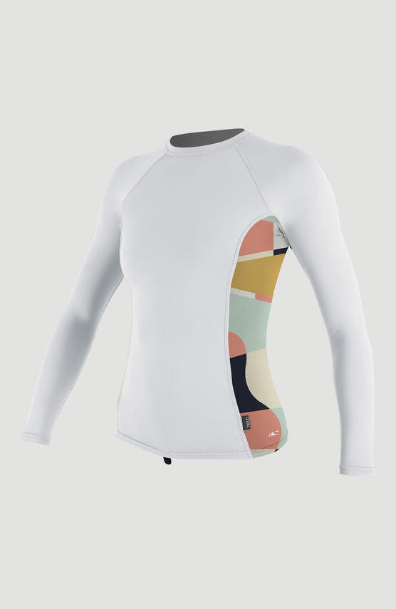 O'Neill Side Print Long Sleeve Rash Guard Schwimmshirt für Damen, weiß mit Grafikmuster in Rosa und Gelb, freigestellt