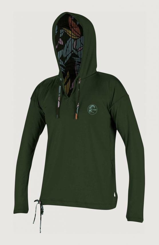 O'Neill Print Long Sleeve UV Hoodie Schwimmshirt für Damen, grün mit Blättermuster in Mehrfarbig, Vorderansicht