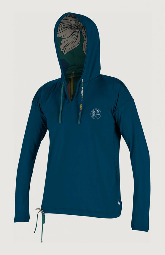 O'Neill Print Long Sleeve UV Hoodie für Damen, blau mit Blumenmuster in Beige und Grün, freigestellt von vorne