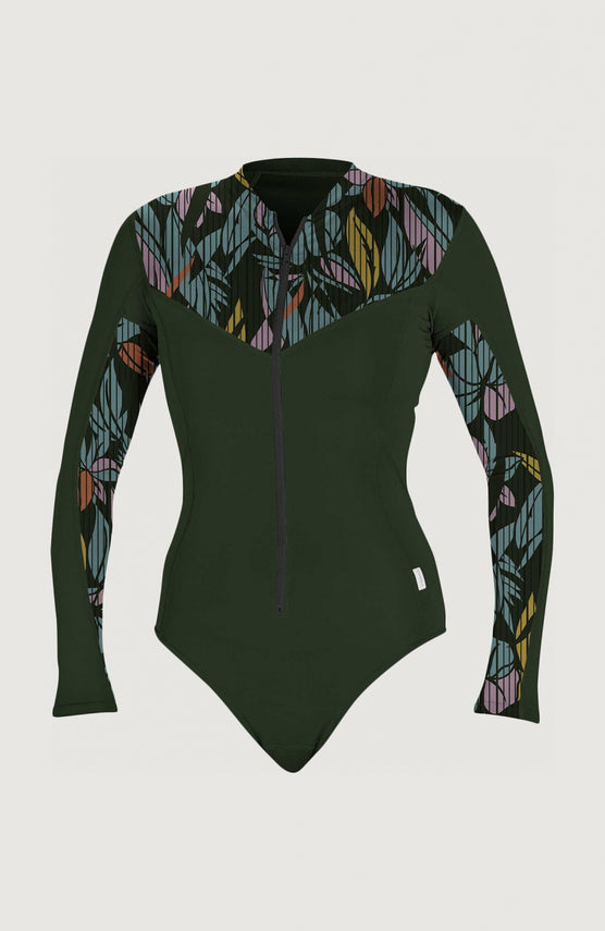 O'Neill Front-Zip Longsleeve Surf Suit Surfanzug für Damen, grün mit Blättermuster in Mehrfarbig, Vorderansicht