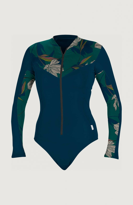 O'Neill Front-Zip Longsleeve Surf Suit für Damen, blau mit Blumenmuster in Grün und Beige, freigestellt von vorne