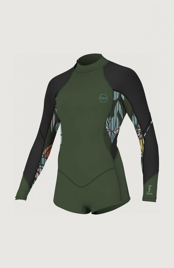 O'Neill Bahia 2/1mm Back Zip Longsleeve Spring Wetsuit Neoprenanzug für Mädchen, grün mit Blättermuster, Vorderansicht