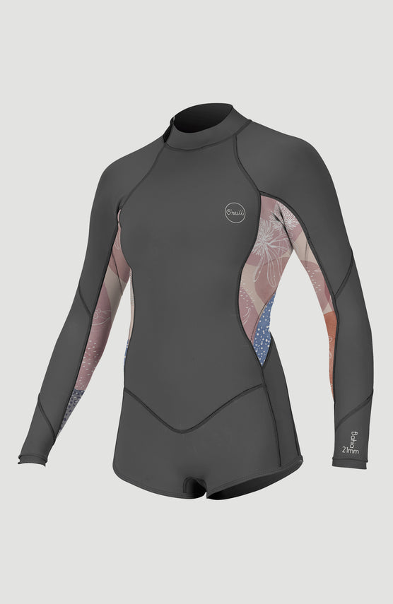 O'Neill Bahia 2/1mm Back Zip Longsleeve Spring Wetsuit für Mädchen, grau mit Blumenmuster, freigestellt von vorne