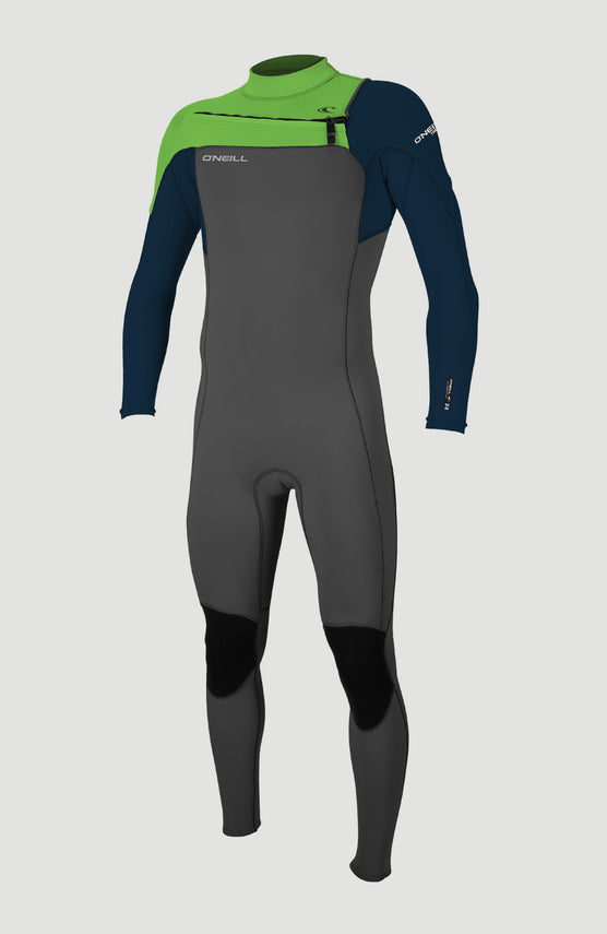 O'Neill Hammer 3/2mm Chest Zip Full Wetsuit Neoprenanzug für Jungen in Grau, freigestellt in der Vorderansicht