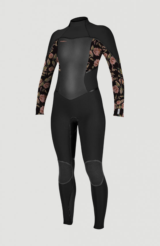 O'Neill Psycho Tech 5/4mm Back Zip Full Wetsuit Neoprenanzug für Damen, schwarz mit Blumenmuster in Rosa, Vorderansicht