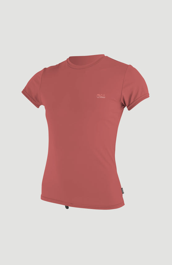 O'Neill Graphic Shortsleeve Sun Shirt Schwimmshirt für Damen, pink, freigestellt in Vorderansicht mit Rundhalsausschnitt