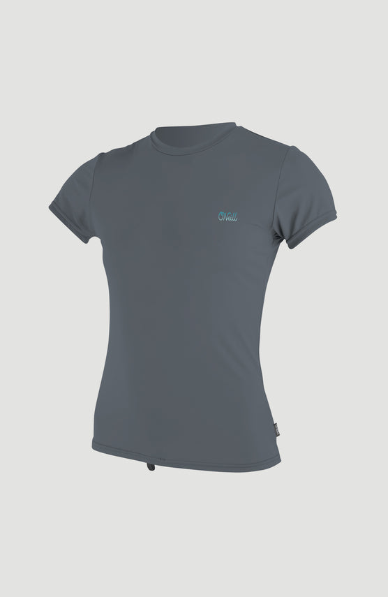 O'Neill Graphic Shortsleeve Sun Shirt Schwimmshirt für Damen, grau mit Logo-Print in Türkis, freigestellt von vorne