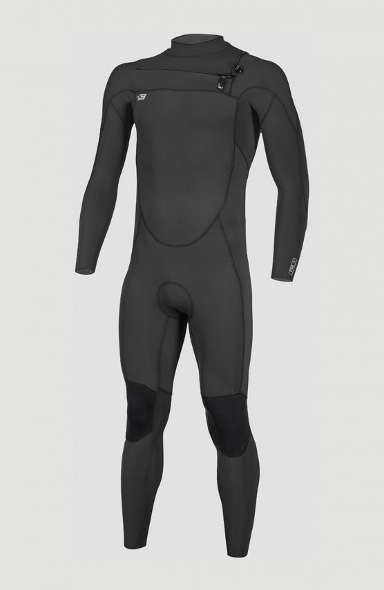 O'Neill Ninja 4/3 Chest Zip Full Wetsuit Neoprenanzug für Herren, schwarz, freigestellt von vorne mit Brust-Reißverschluss