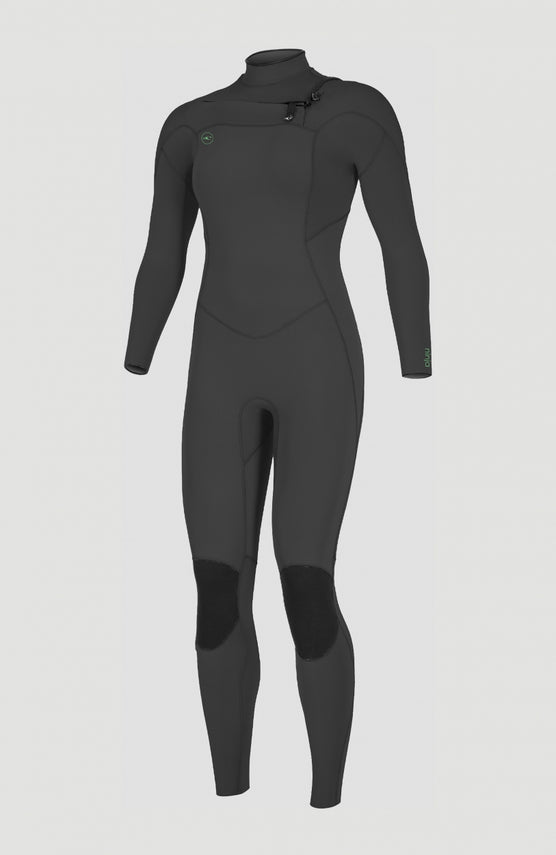 O'Neill Ninja 4/3mm Chest Zip Full Wetsuit Neoprenanzug für Damen, schwarz, freigestellt in der Vorderansicht