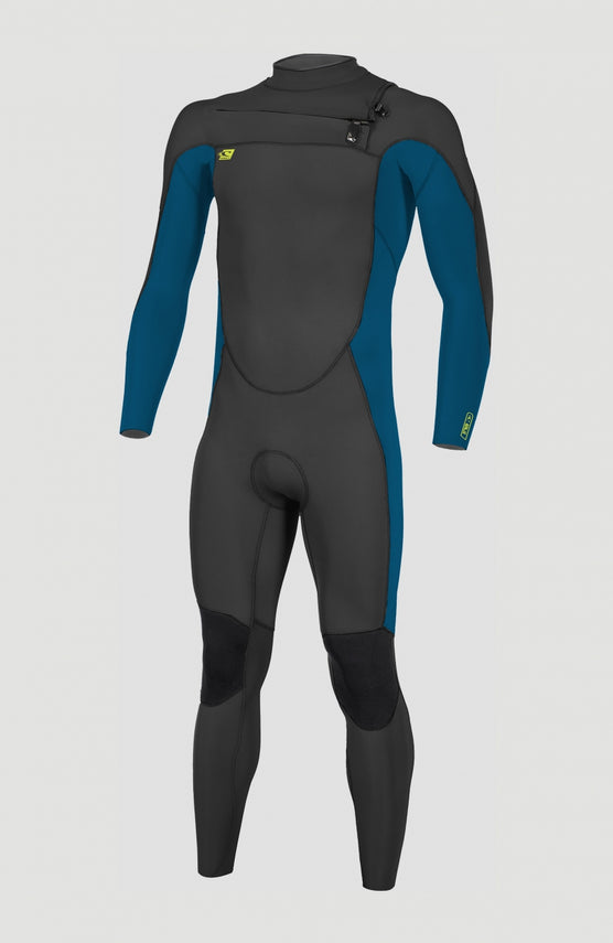O'Neill Ninja 4/3mm Chest Zip Full Wetsuit Neoprenanzug für Jungen, schwarz, freigestellt von vorne mit Reißverschluss