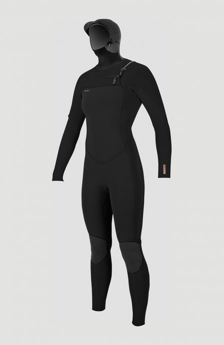 O'Neill Hyperfreak Plus 5/4mm Chest Zip Full Wetsuit with Hood Neoprenanzug für Damen, schwarz, freigestellt von vorne