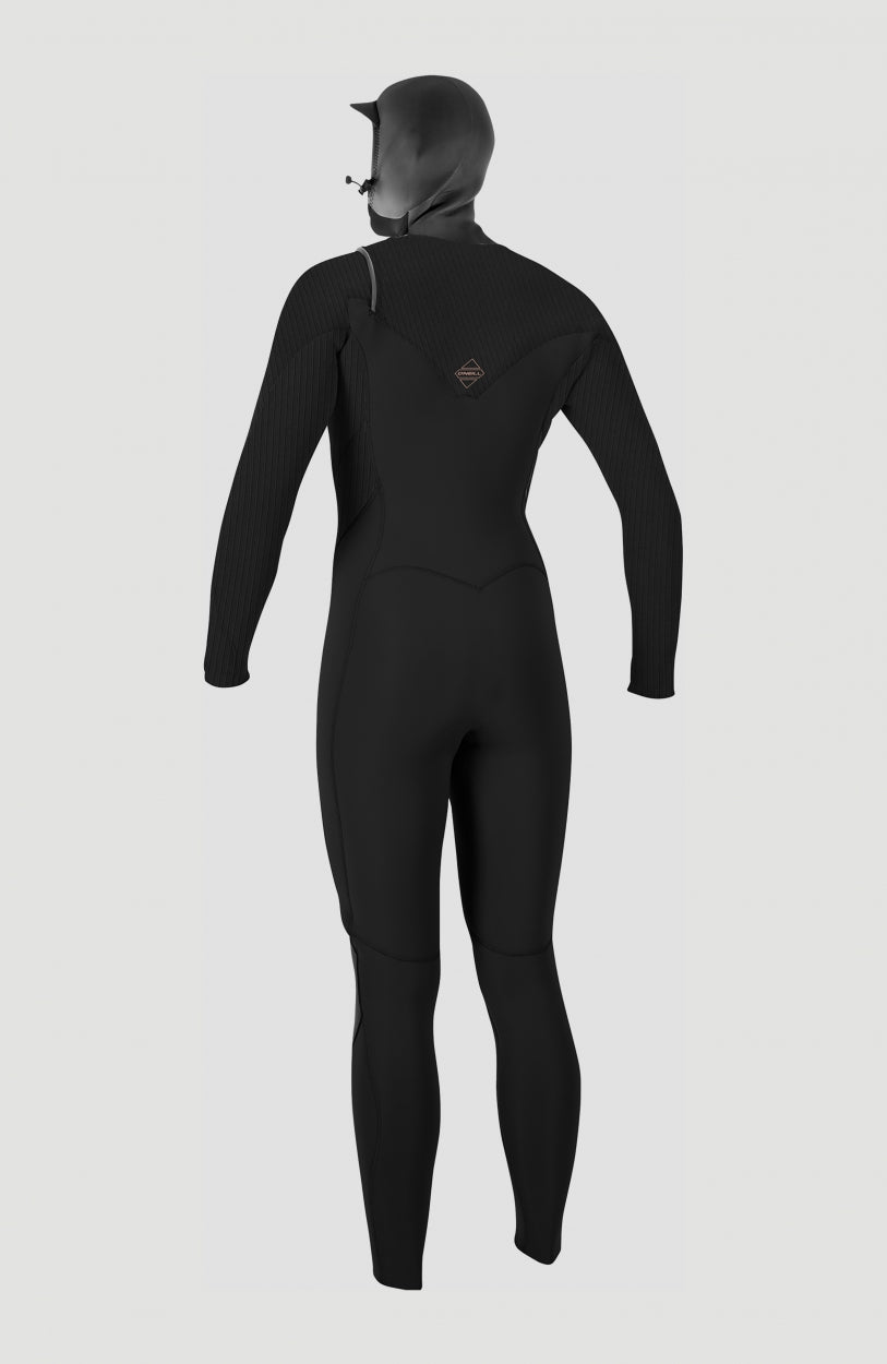 Schwarzer Hyperfreak Plus Neoprenanzug für Damen, freigestellt von hinten mit Kapuze und Logo-Print am Rücken